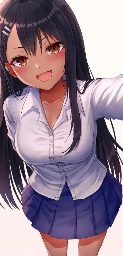 Anime girl with dark hair in white shirt smiling.