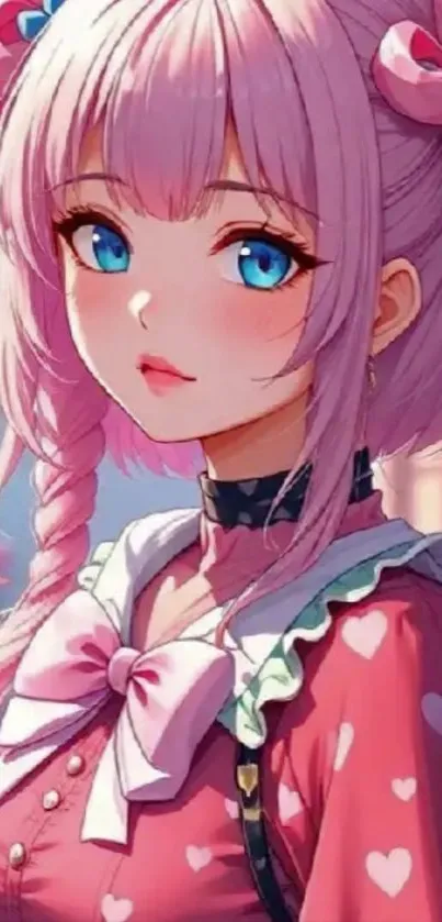 Anime girl with pink hair and a heart-patterned outfit.