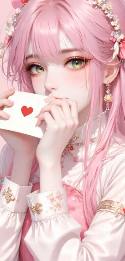 Charming anime girl with pink hair holding a heart card in a delicate design.