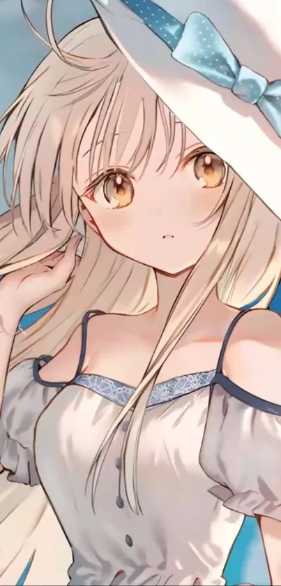 Anime girl with white hat and blue sky background.