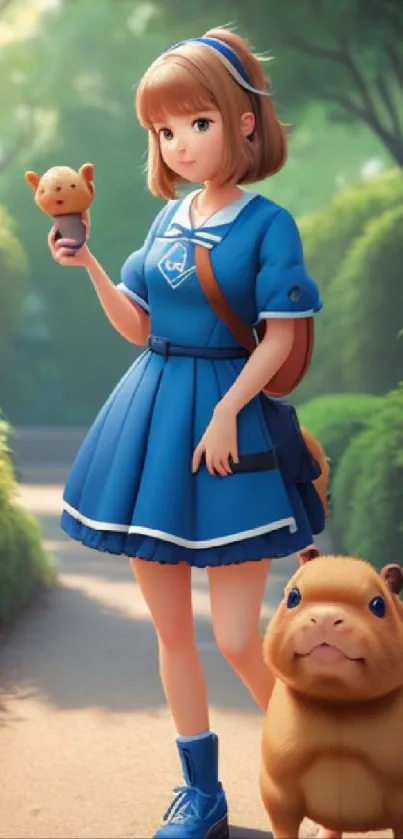 Anime girl in blue dress with cute animal in a sunny park setting.