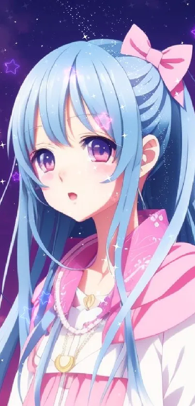 Anime girl with blue hair and a pink outfit on a starry background.