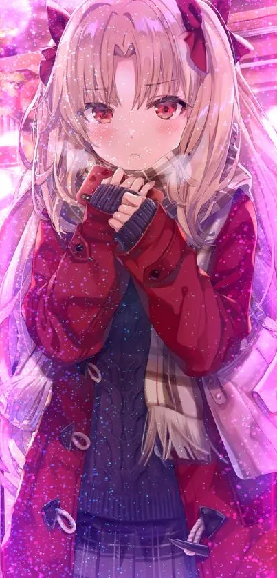 Anime girl in a red coat with long hair, standing in a bright urban setting.