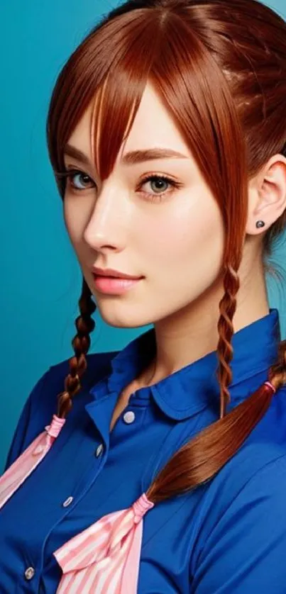 Anime girl with braided hair and blue shirt on a vibrant background.