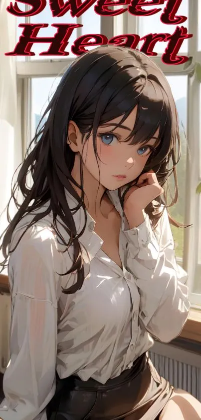 Anime girl in white blouse by window with text 'Sweet Heart'.