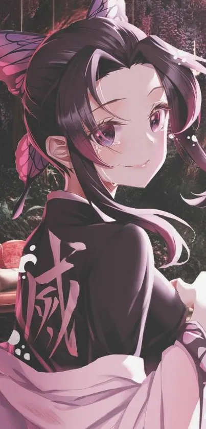 Anime girl with butterfly hairpin and pink glowing background.