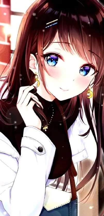 Cute anime girl with brown hair smiling.