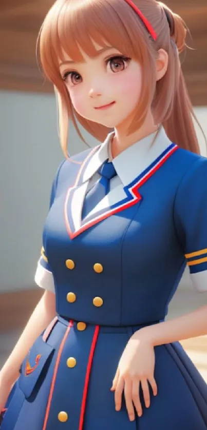 Charming anime girl in blue school uniform with a vibrant smile.