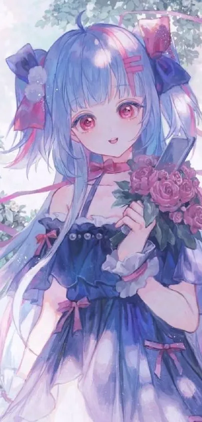 Anime girl holding flowers in a pastel garden background.