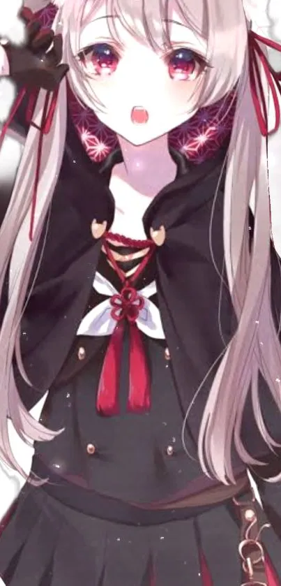 Anime girl with red ribbons and black outfit.