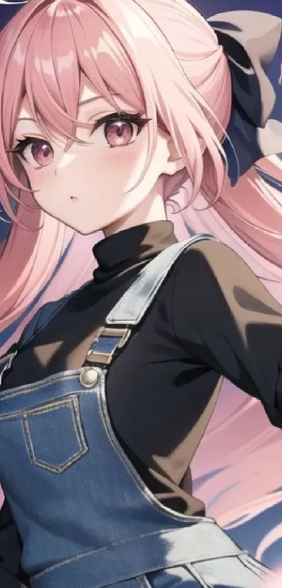 Anime girl with pink hair and denim overalls.