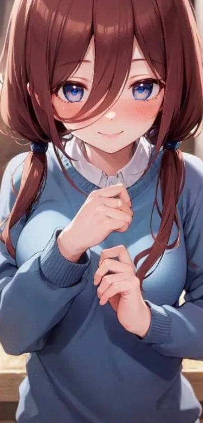 Charming anime girl with brown hair and blue eyes in a blue sweater.