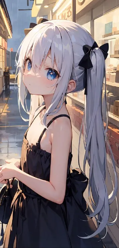 Anime girl with silver hair and blue eyes on a rainy street at night.