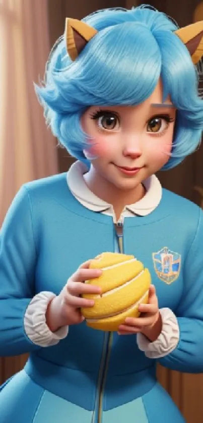 Anime girl with blue hair and cat ears holding an orange ball.