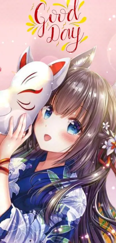 Anime girl holding a white fox mask with a pink background.