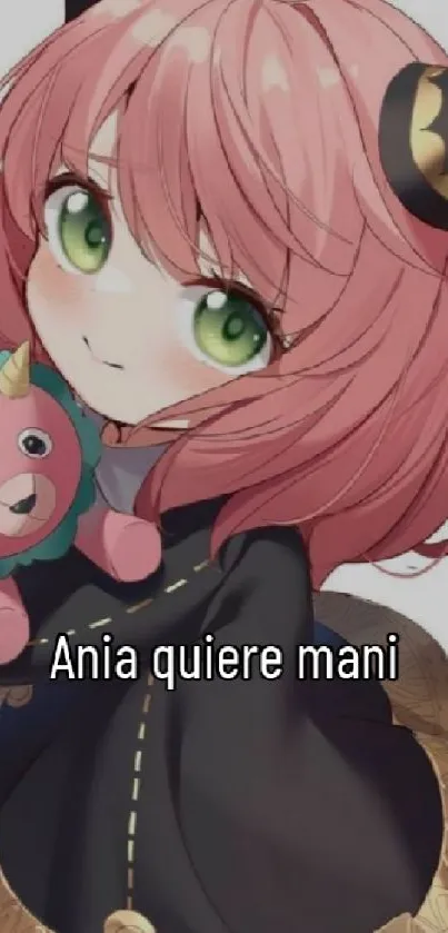 Anime girl with pink hair holding a cute plush toy.