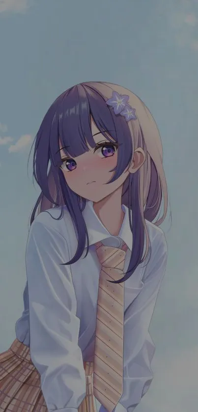 Anime girl in school attire with pastel blue background.