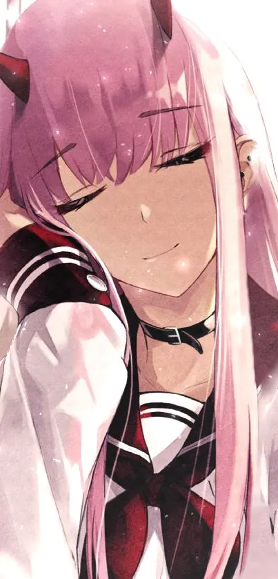 Anime girl with pink hair and a serene expression in school uniform.