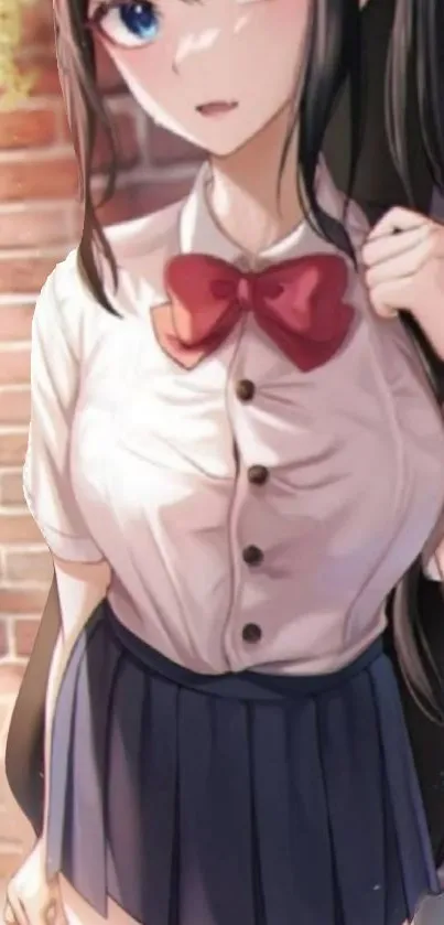 Anime girl in school uniform with red bow and white shirt against a brick wall.