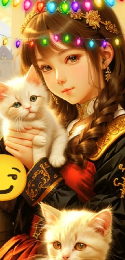 Anime girl with kittens and festive lights in medieval setting.