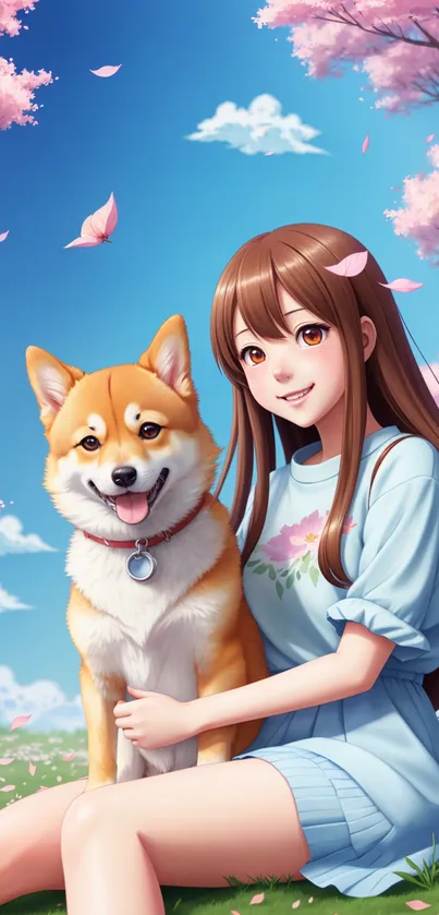 Anime girl with a puppy in cherry blossoms.