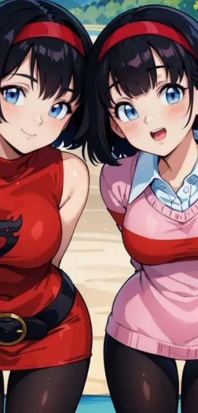 Anime girls in vibrant red outfits on sunny day.