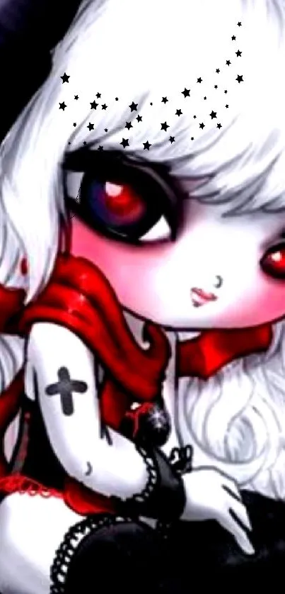 Anime Gothic character in red and white with intricate details.