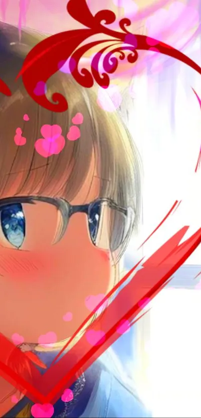 Anime character with glasses inside red heart design with pink accents.