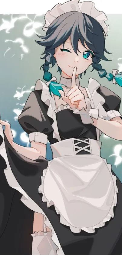 Anime maid with playful pose in black and white attire on cyan background.