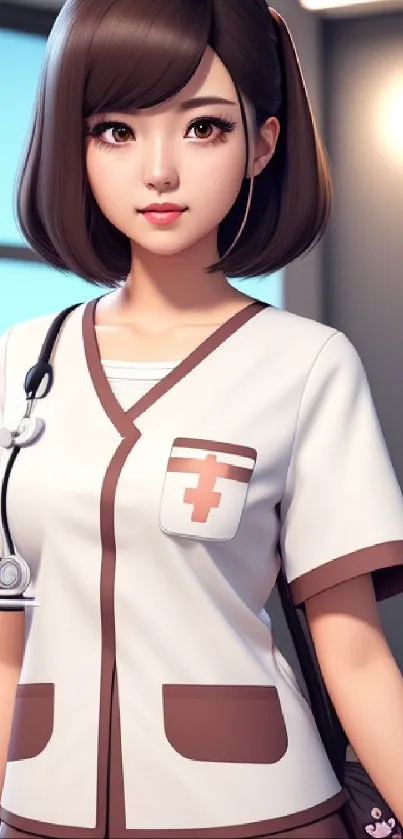 Anime nurse character in hospital setting, soft colors.