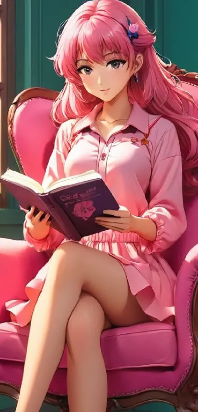 Anime girl with pink hair reading a book on a chair.