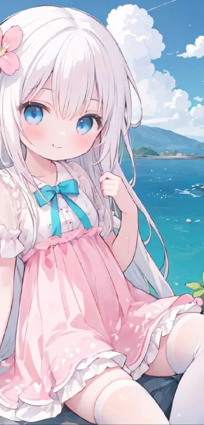 Charming anime girl with white hair by the seaside in pink dress.