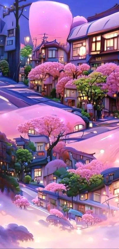 Anime street with cherry blossoms and twilight sky.