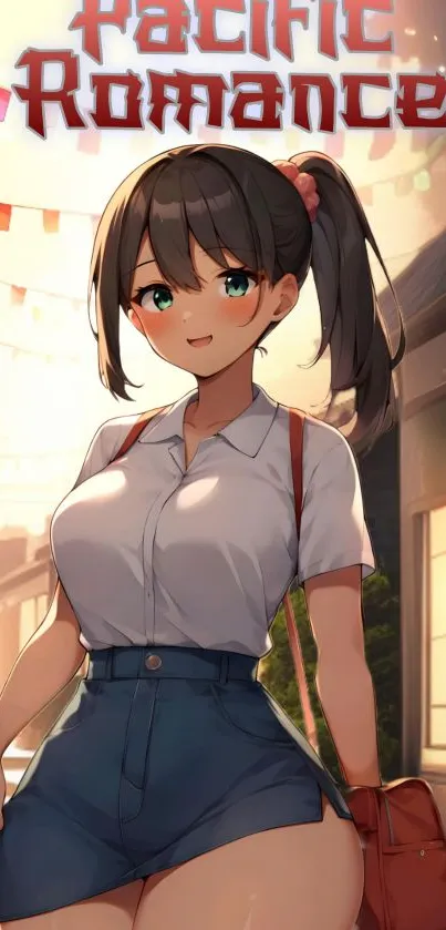 Anime girl in urban street setting, vibrant design.