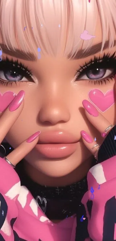 Anime style artwork of a girl with pink accents and hearts on cheeks.