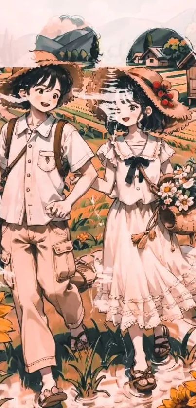 Anime boy and girl strolling through a sunlit summer field with floral accents.