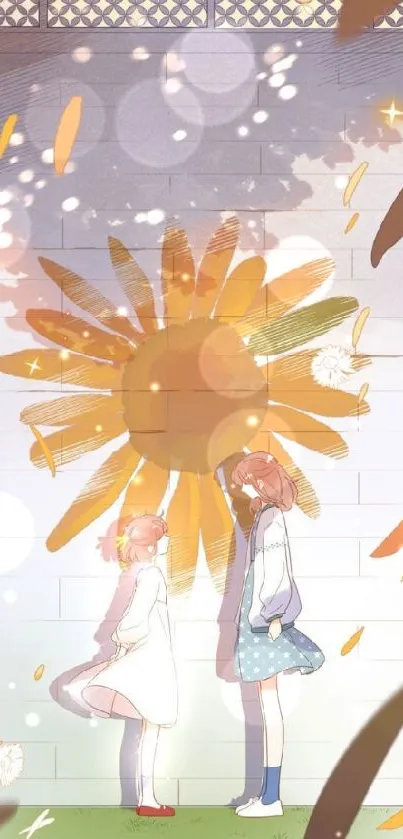 Anime characters with sunflower mural and autumn leaves.