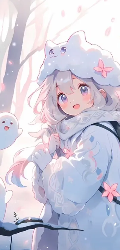 Anime winter scene with a cute character and spirits.