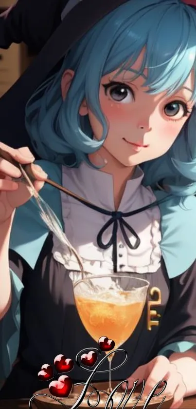 Anime witch with blue hair crafting a magical drink.