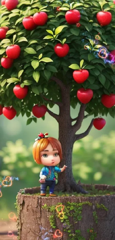 Cartoon character by an apple tree with red apples and green leaves.