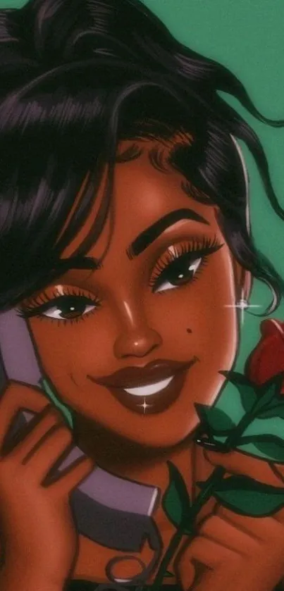 Cartoon girl with phone and rose on green background.