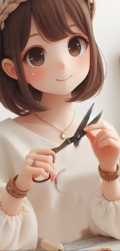 Anime girl in a charming sewing room setting.