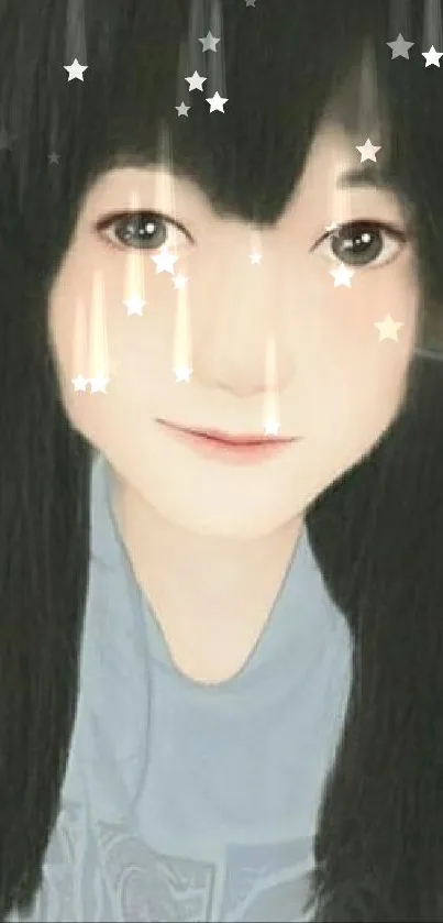 Artistic portrait of a young girl with long dark hair on a mobile wallpaper.