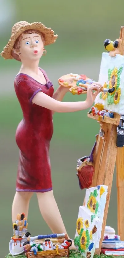 Sculpted figure in red dress painting sunflowers with vibrant colors.