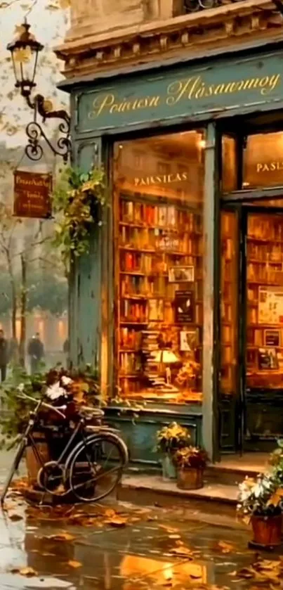 Cozy autumn bookstore street scene with warm lights and vintage charm.