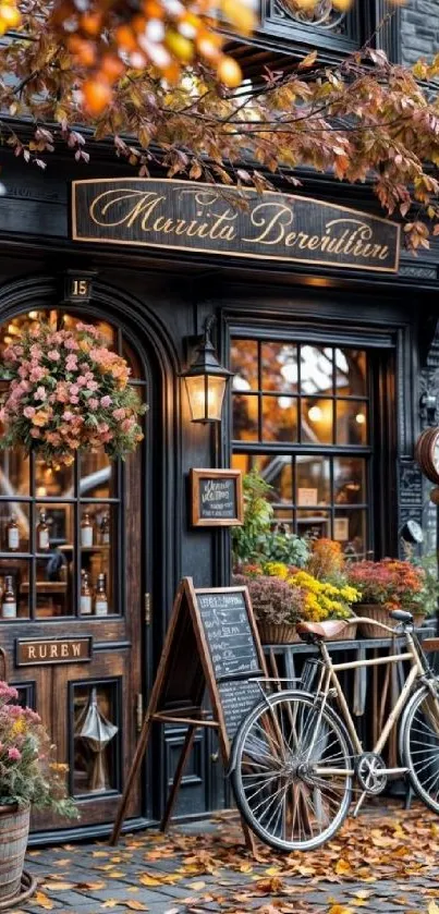 Charming vintage coffee shop with autumn decor and bicycle.