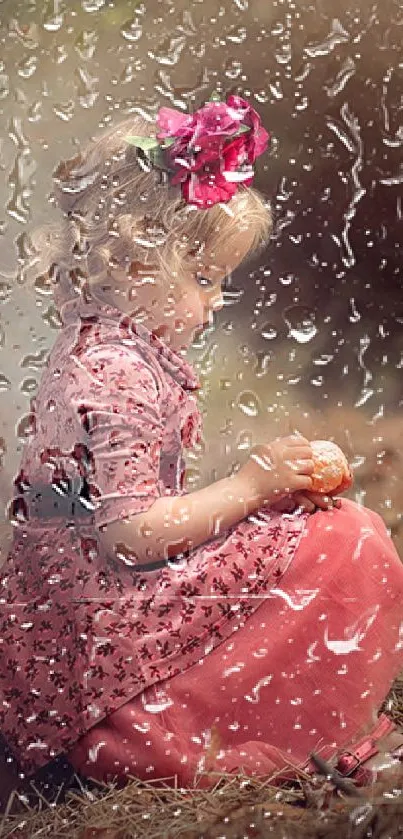 Child in dusty pink dress sitting outdoors with a flower in hair.