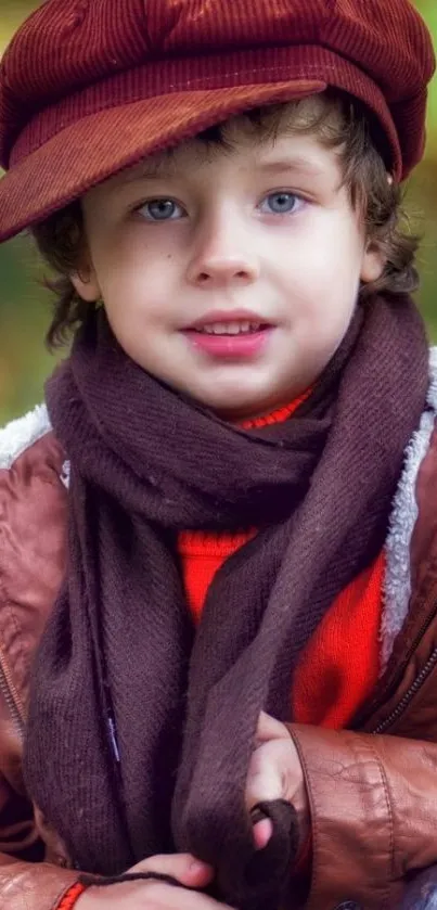 Cute child in warm autumn outfit, brown hues dominate.