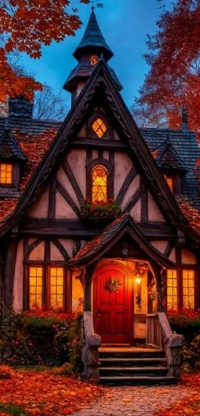 Charming cottage surrounded by bright autumn leaves.