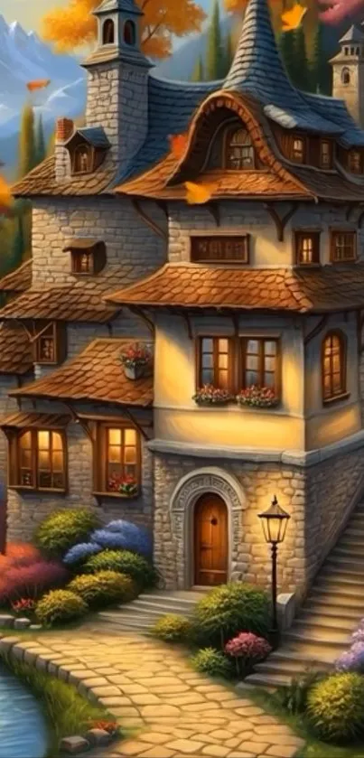 Charming cottage with autumn trees and a scenic path.